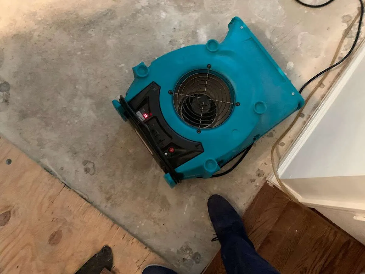 Air mover drying subfloor during Leak Detection & Repair in Perinton